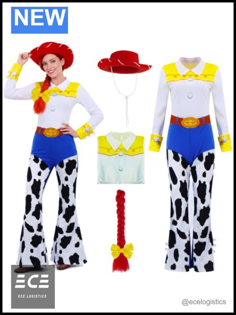 Jessie Costume Women Cowgirl Jumpsuit Hat Wig Braid Bowknot Cosplay Western